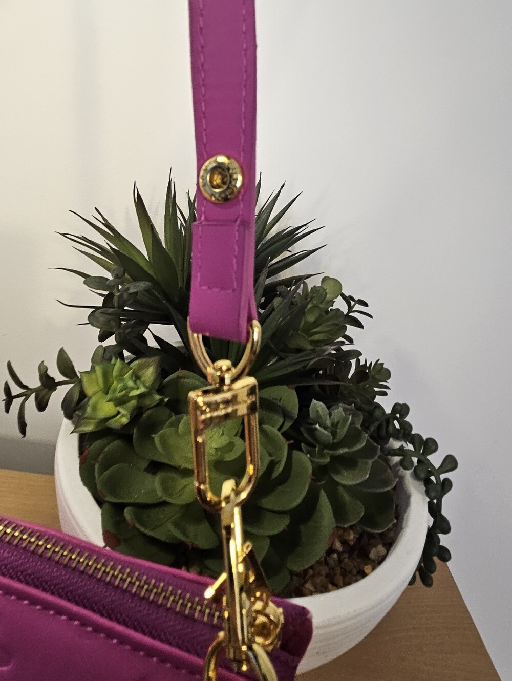 Designer Inspired Fuchsia Monogram Crossbody Bag with Gold Chain - Picture 6 of 8